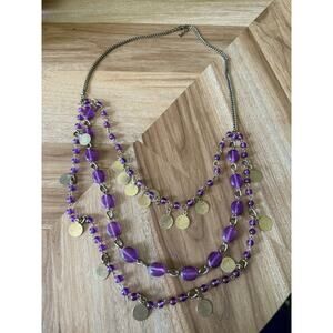 Vintage Multi-Layered Purple Beads Small Gold-Colored Disc & Chain Necklace